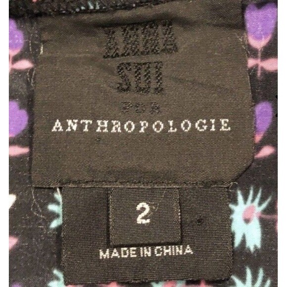 Anthropologie Anna Sui silk  Black Floral Mini Dress Striped V-Neck Trim, size 2 - Picture 3 of 6